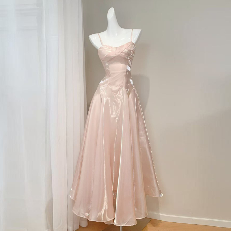 French-Style Pink Spaghetti Strap Evening Dress, High-End Light Luxury Niche Adult Ceremony Dress, Engagement Dress, Toast Dress, Bride's Morning Gown for Women French-Style Pink Spaghetti Strap Evening Dress, High-End Light Luxury Niche Adult Ceremony Dress, Engagement Dress, Toast Dress, Bride's Morning Gown for Women