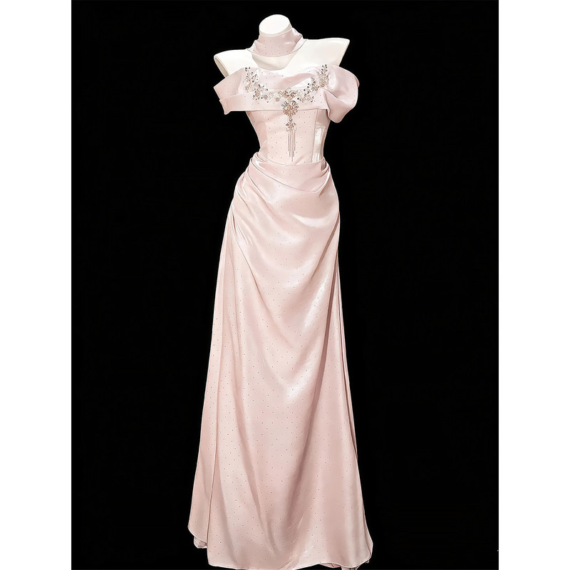 One-Shoulder Evening Dress Pink 2026 New High-End Light Luxury Hostess Birthday Student Graduation Adult Ceremony Dress