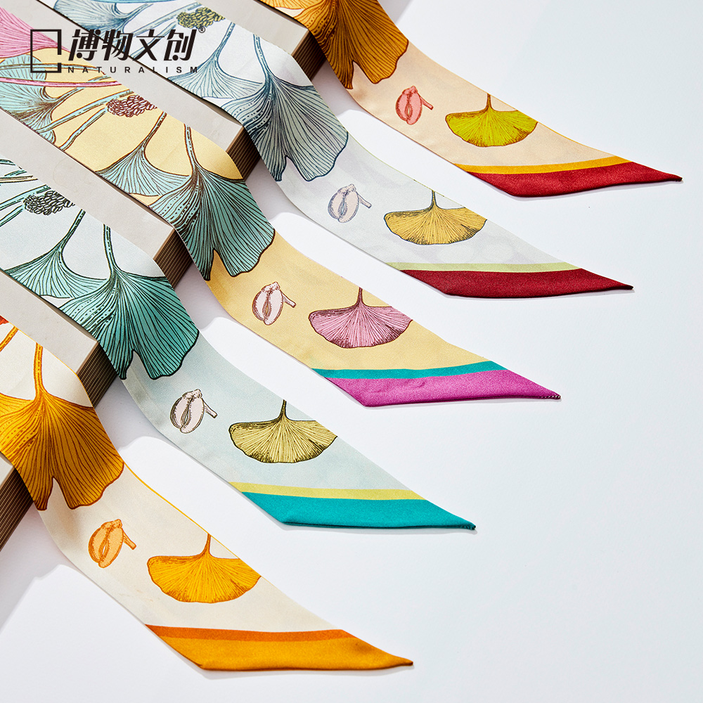 Museum Cultural and Creative Ginkgo Silk Scarf Ribbon Spring and Autumn Decoration Plant Illustration Scarf Scarf Holiday Mother Gift