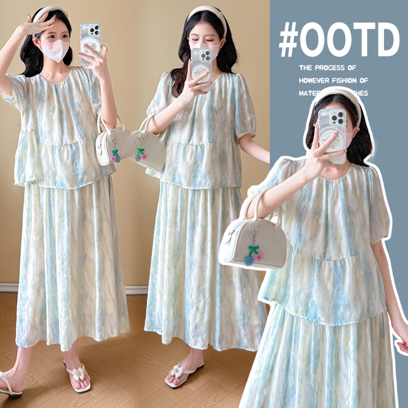Maternity Summer Dress 2026 New French Style Loose Fake Two-Piece Tie-Dye Long Dress Summer Maternity Dress