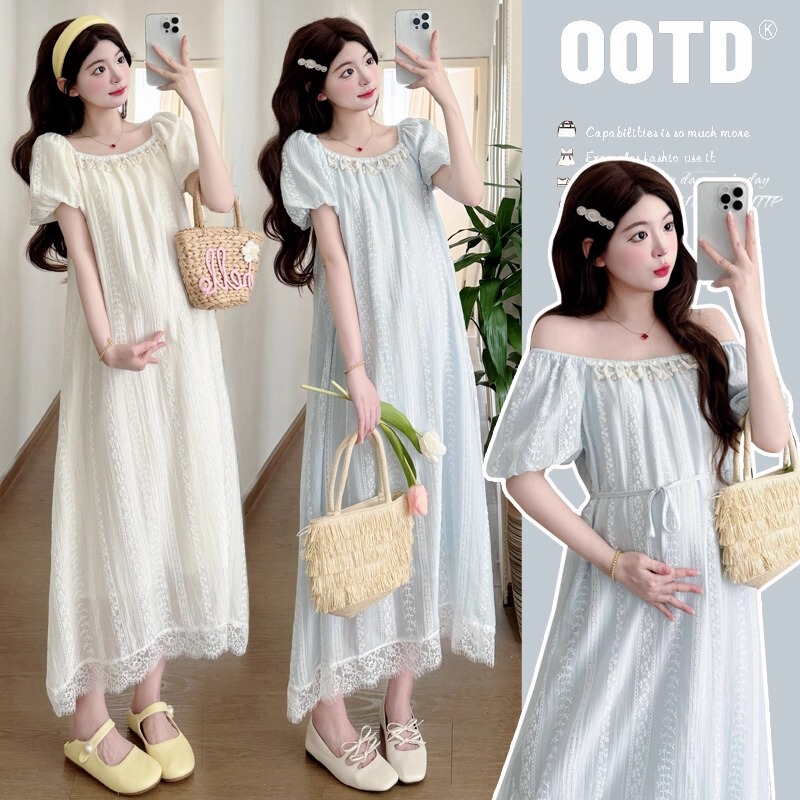 Maternity Dress 2026 New Style for Pregnant Mothers, High-End French Square Neck Puff Sleeve Jacquard Dress, Summer Maternity Dress