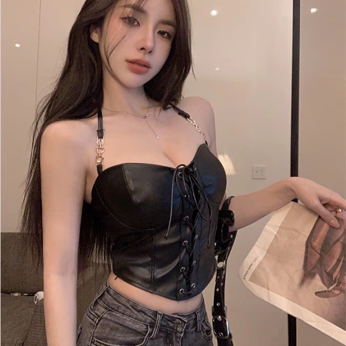 Women's New Camisole with a Subtle and Sexy Halter Neck, Tie-Up Design, High-End Feel, Black Slim-Fit Short Pu Leather Top, Trendy Women's New Camisole with a Subtle and Sexy Halter Neck, Tie-Up Design, High-End Feel, Black Slim-Fit Short Pu Leather Top, Trendy