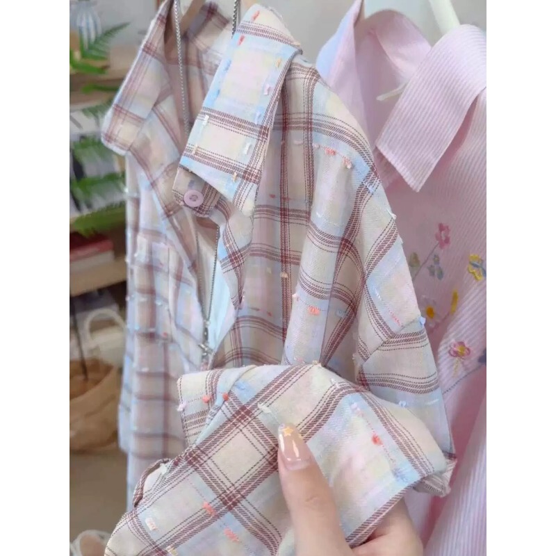 Korean-Style Lazy Dopamine Pink Plaid Sun-Protective Shirt for Women, Summer Loose-Fitting Colorful Dot Design Shirt Jacket