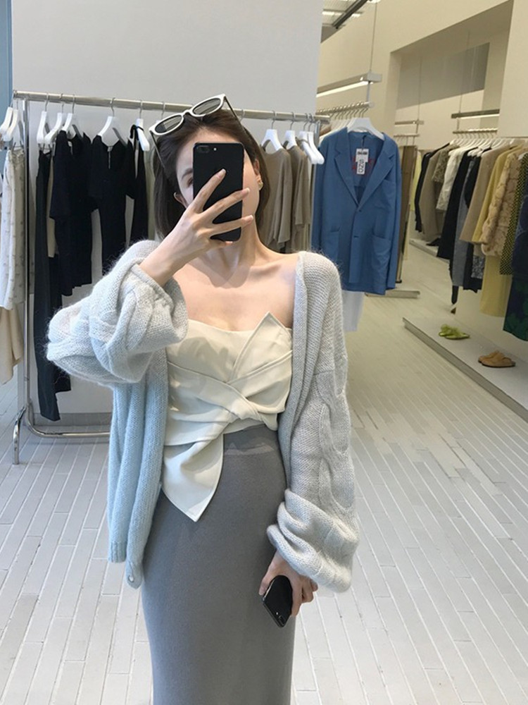 Soft mohair sunscreen knitted cardigan women's spring and summer thin hollow blouse loose lantern sleeve sweater coat