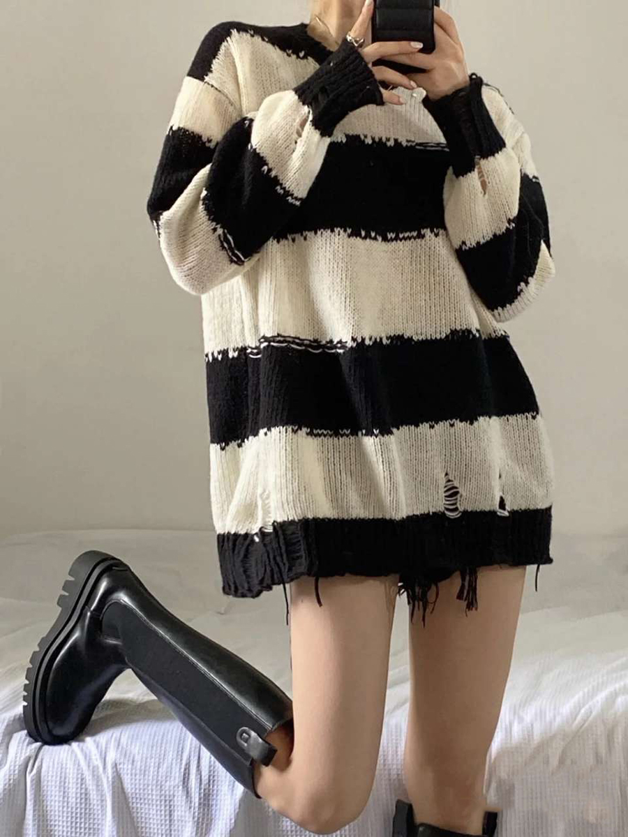 Striped sweater woman early autumn 2022 new retro Don't to be lazy and loose outside wearing chic long sleeve knit blouse