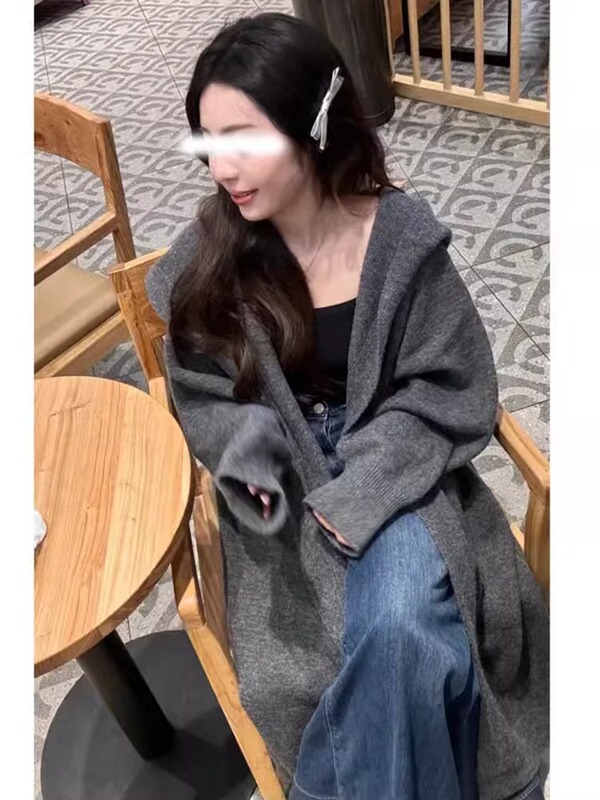 Original Korean Style Lazy Style Hooded Long Over-The-Knee Knitted Cardigan for Women in Autumn and Winter, Thickened, Loose and Slimming Coat Original Korean Style Lazy Style Hooded Long Over-The-Knee Knitted Cardigan for Women in Autumn and Winter, Thickened, Loose and Slimming Coat