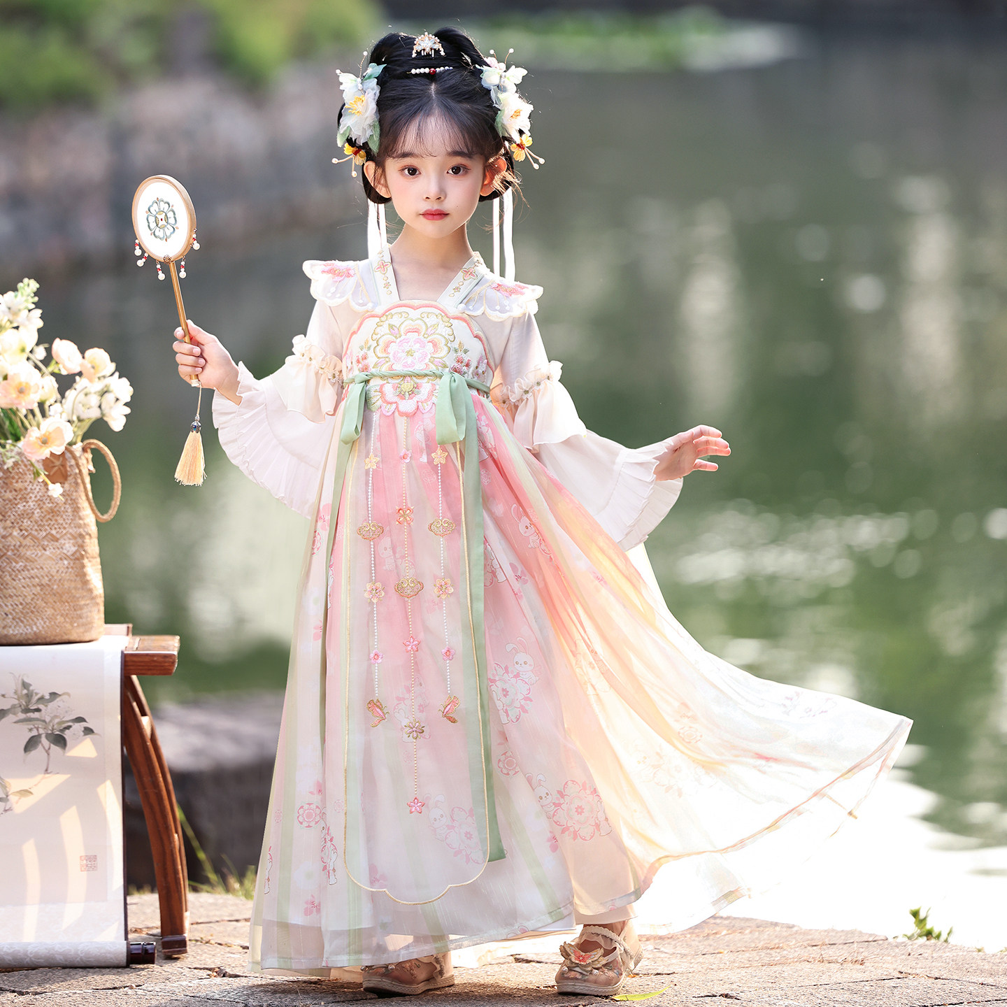 Hanfu/ новинка 2026 года для девочек, весенняя юбка в древнем стиле для маленьких девочек, платье принцессы, весенне-осеннее детское платье в китайском стиле