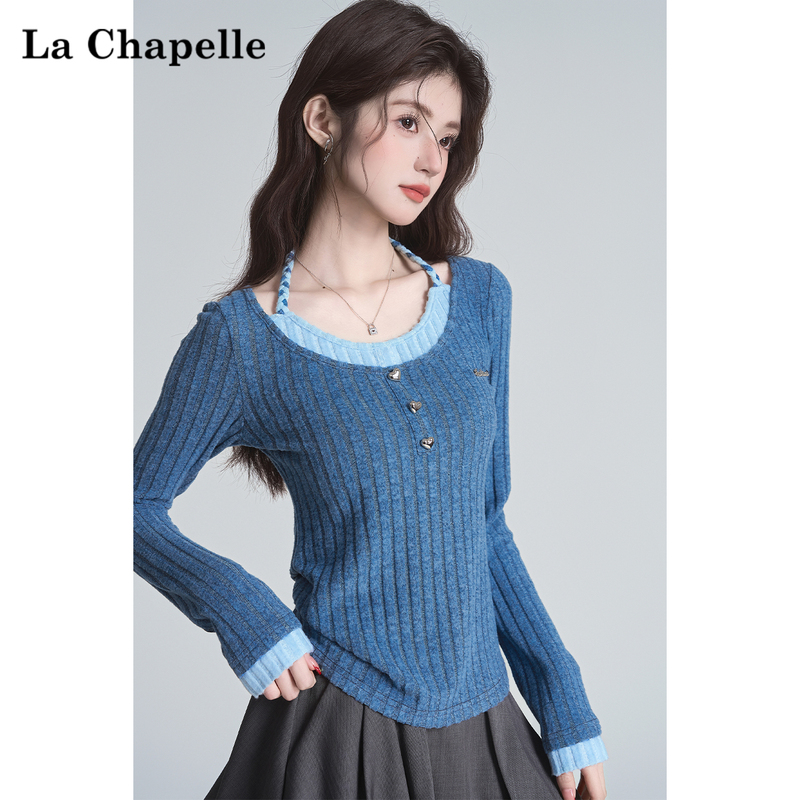 La Chapelle Design-Inspired Blue Faux Two-Piece Twist Halter Neck Long-Sleeve T-Shirt for Women, Spring and Autumn, Petite Thin Top