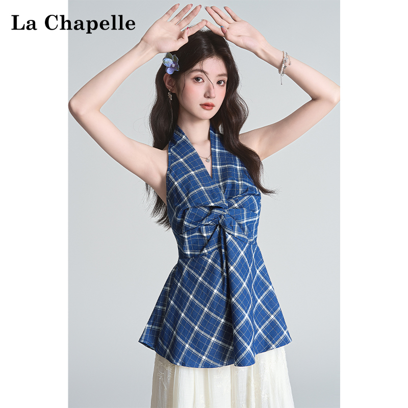 La Chapelle Summer Blue Plaid Halter Neck Off-Shoulder Sleeveless Tank Dress Women's V-Neck Blouse Backless Waist-Cinching Top