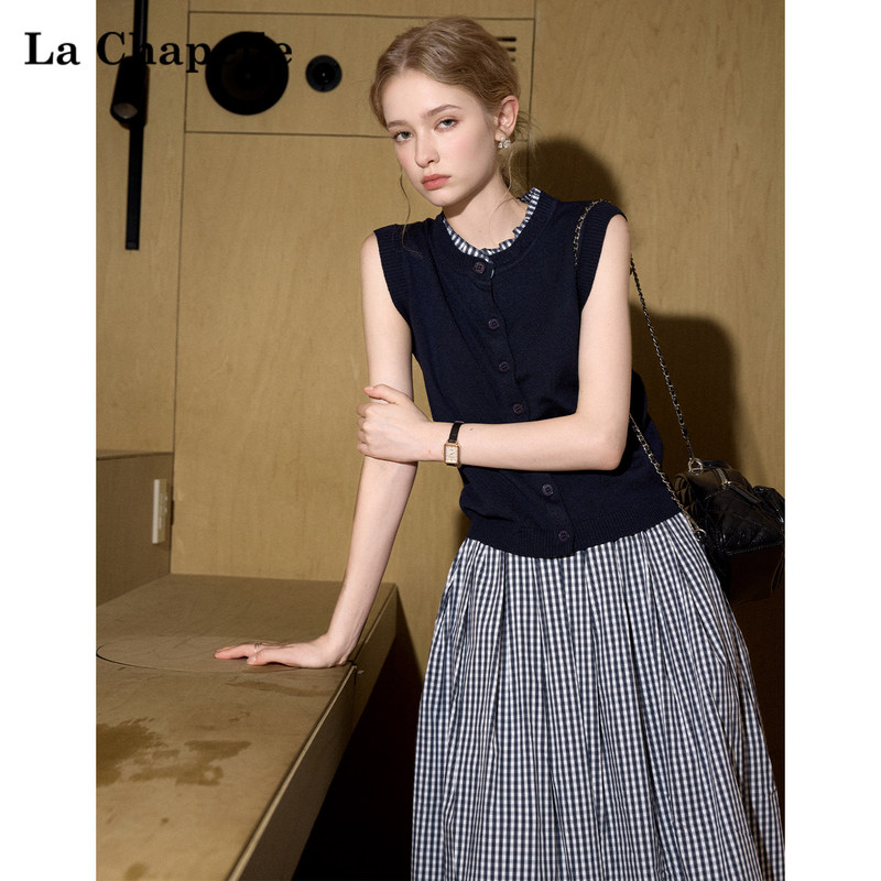 La Chapelle 2026 Summer Design Knit Vest for Women, Slim Fit, Casual Plaid Patchwork Sleeveless Top La Chapelle 2026 Summer Design Knit Vest for Women, Slim Fit, Casual Plaid Patchwork Sleeveless Top