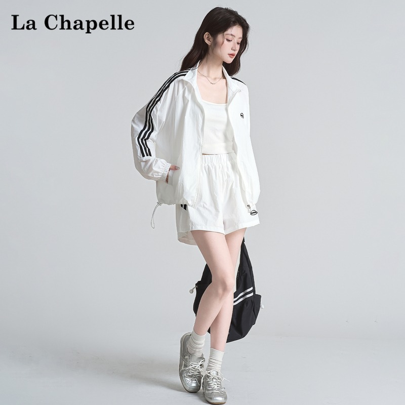 La Chapelle White Three-Stripe Simple Style Jacket Top for Women 2026 Summer New Casual Shorts Two-Piece Set La Chapelle White Three-Stripe Simple Style Jacket Top for Women 2026 Summer New Casual Shorts Two-Piece Set