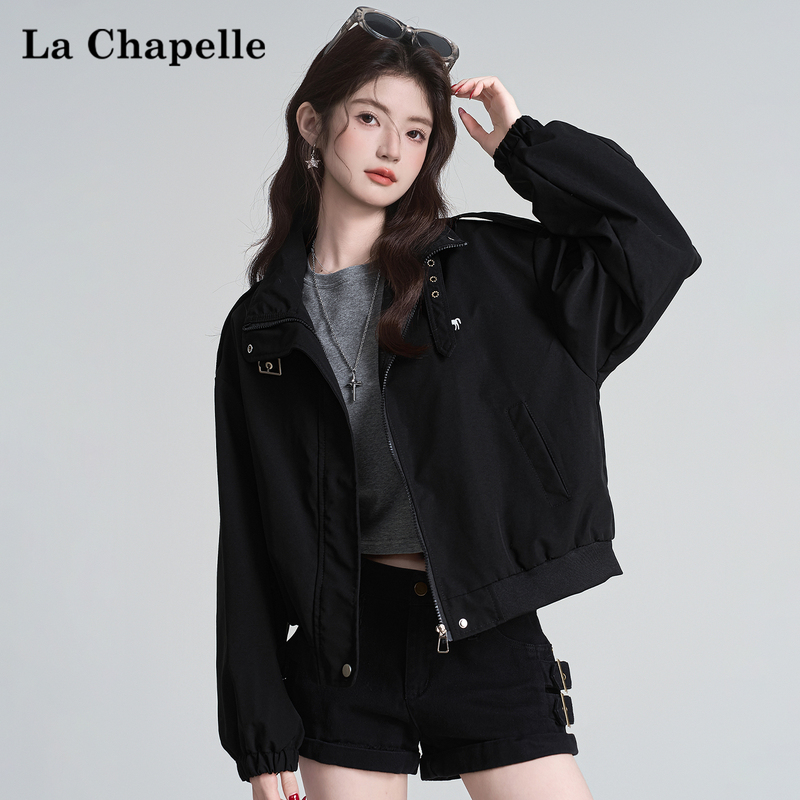 La Chapelle Black American Retro Trendy Workwear Jacket for Women, New Spring Loose Design Thin Coat