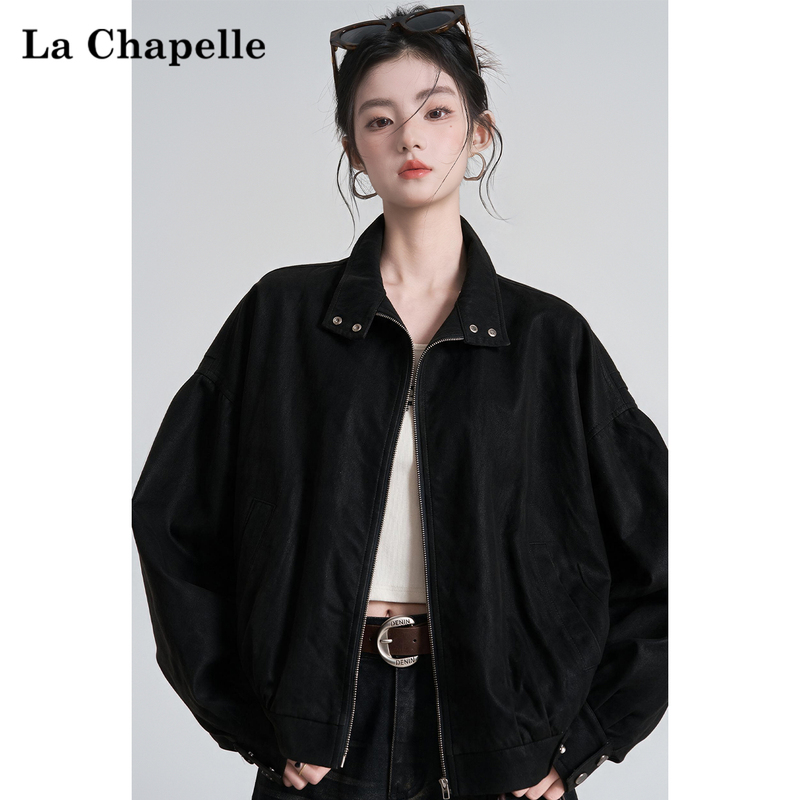 La Chapelle American Retro Workwear Jacket for Women, 2026 Autumn New Black Design Loose Top