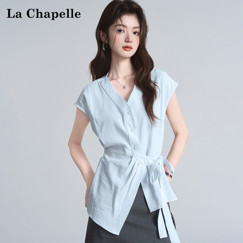 La Chapelle Korean-Style V-Neck Elegant Shirt for Women, 2026 Summer New Model, Tie-Waist, Irregular and Unique Top
