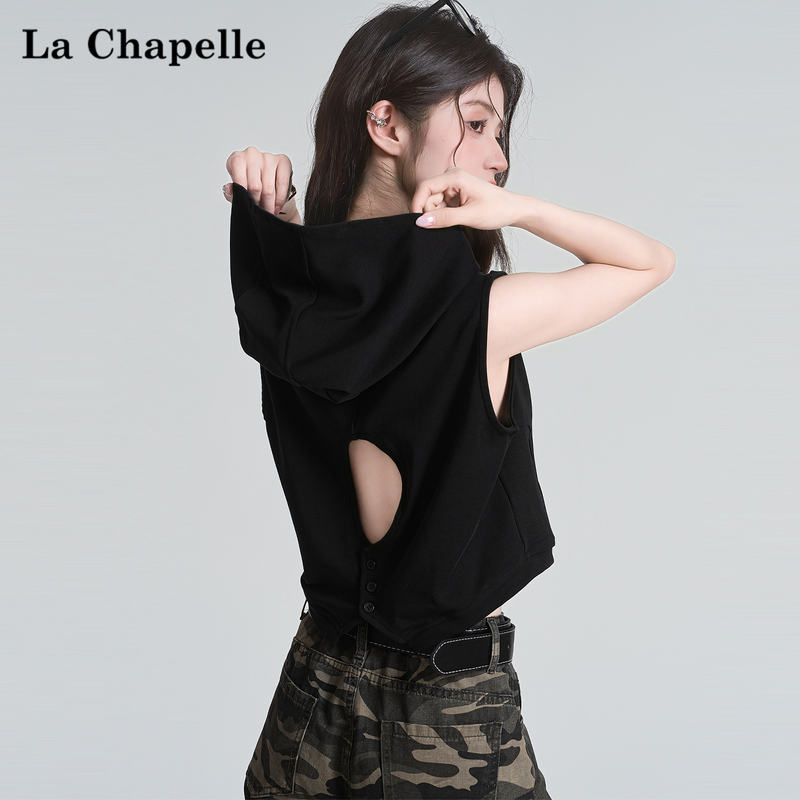 La Chapelle Sexy Hollow-Out Backless Hooded Black Sleeveless Vest T-Shirt for Women, Solid Color, Elegant and Alluring Short Top