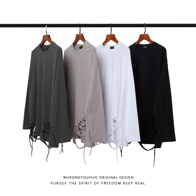 Wukong Has in Stock ins High-Street Distressed Ripped Long-Sleeve T-Shirt for Men, Trendy Brand, Loose Fit, Casual Inner Wear Top