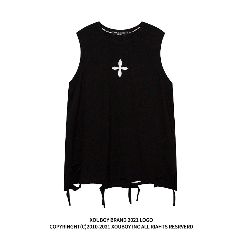 Summer Trendy Brand Dark Style Solid Color Oversized Sleeveless Vest for Men, Hip-Hop Ripped Hem Sleeveless T-Shirt