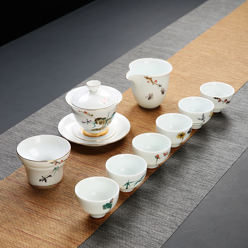 Dehua white porcelain hand-painted Kung Fu tea set Tea cup set Household simple gift box Lotus ceramic cover bowl tea set