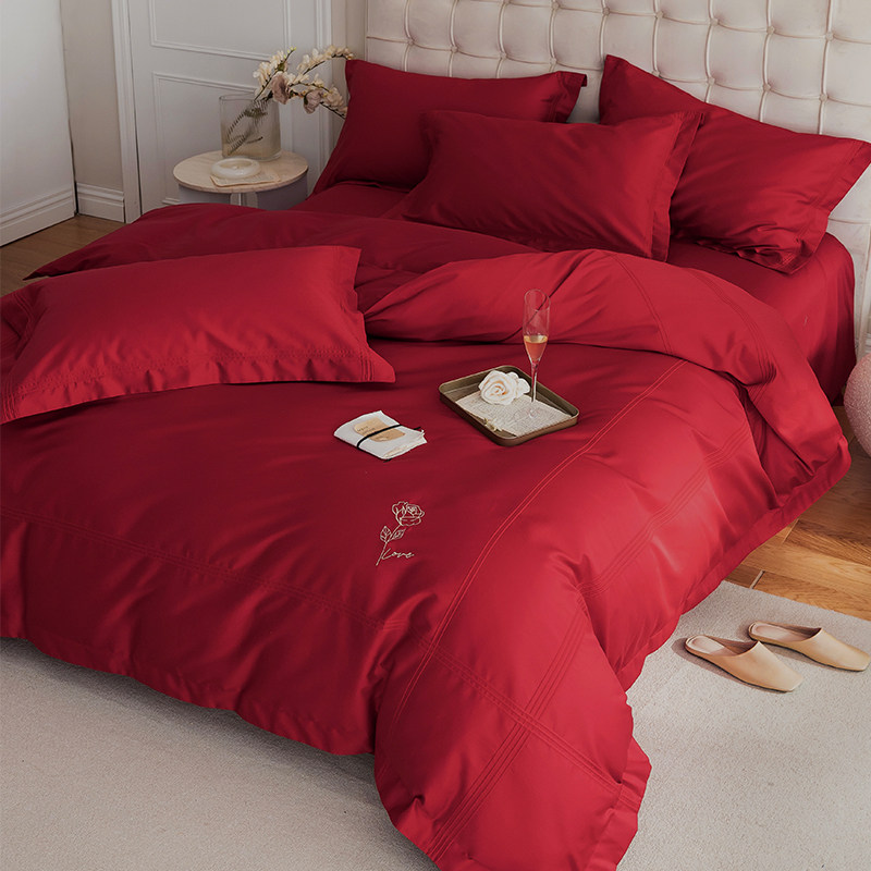 High-end minimalist romance 100 long suede cotton wedding with four sets of pure cotton large red wedding bed, supplies rose