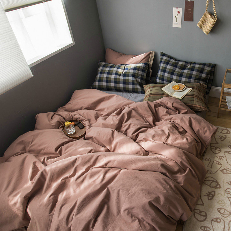 Japanese-style cotton-washed cotton four-piece set of solid color plaid ins wind mix and match pure cotton bed sheet three-piece set Nordic