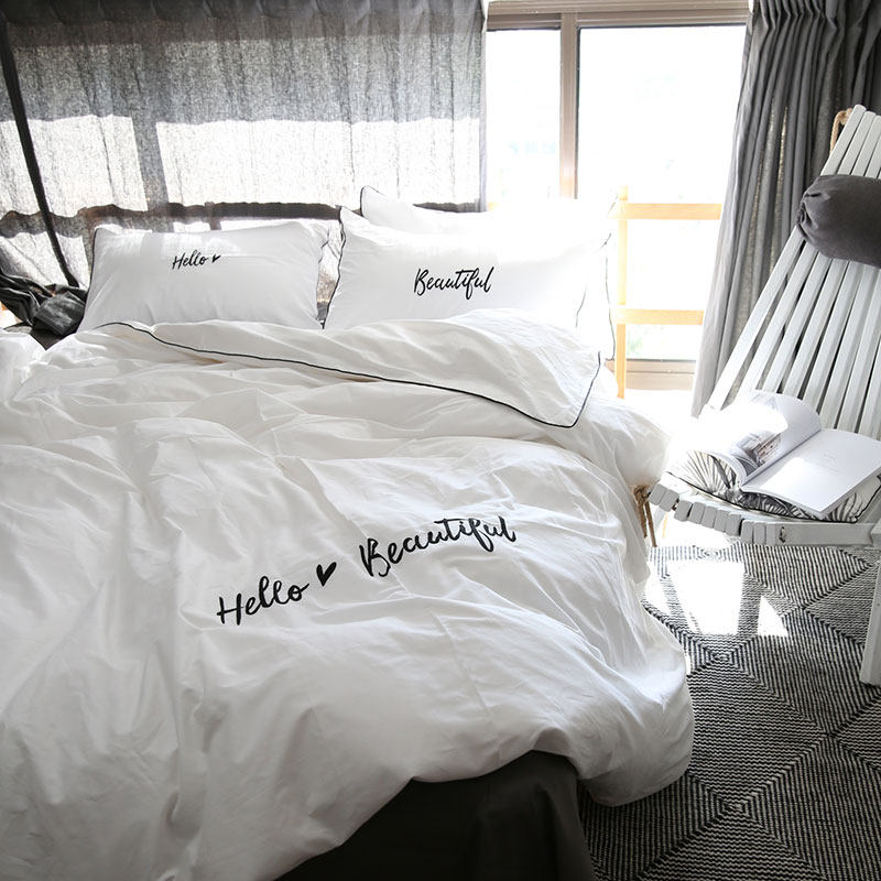 Minimalist bed with four sets of full cotton pure cotton Nordic personality white letter bed cover with three sets of bed hats