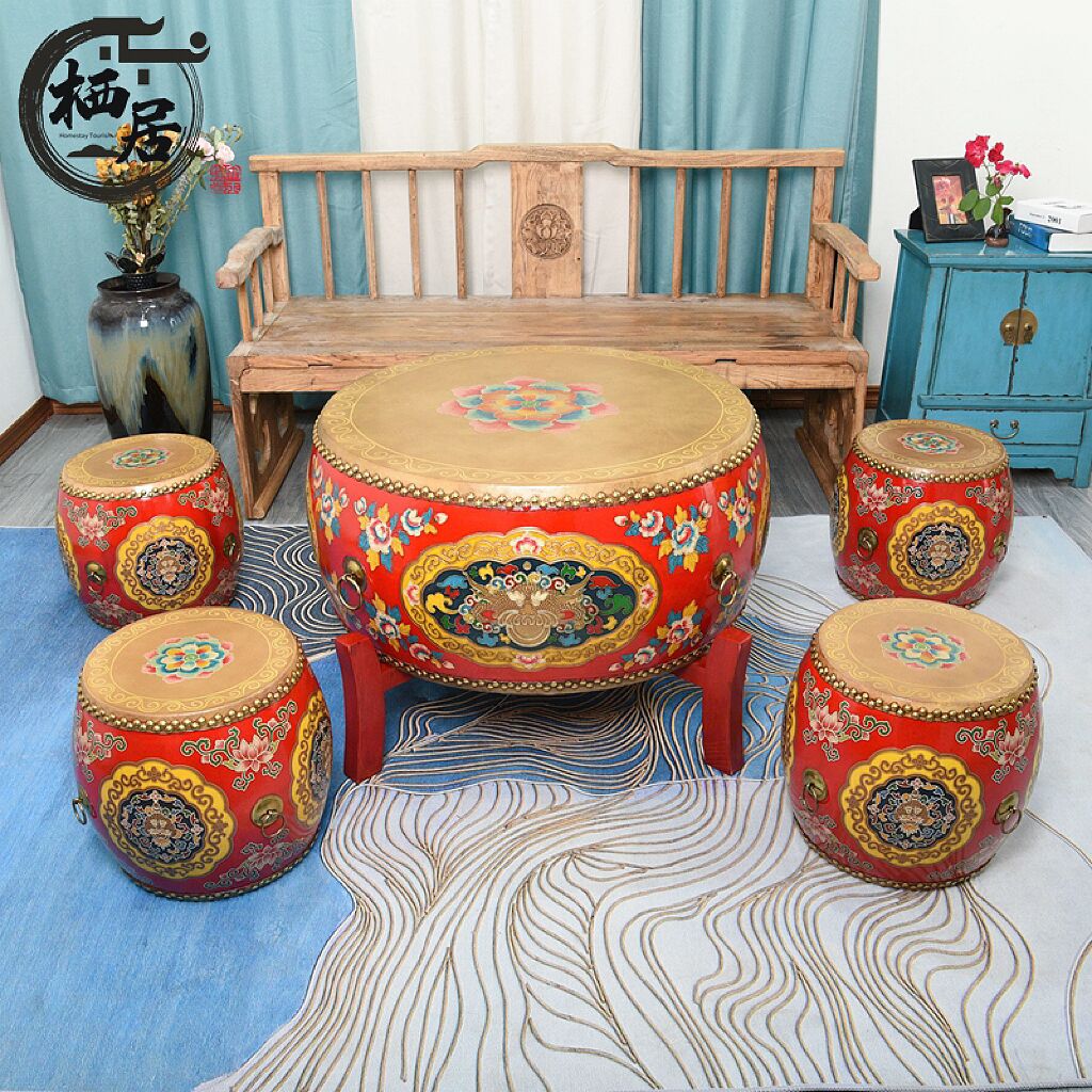 Painted Chinese tea table drum table drum stool combination of five pieces to make old beef leather set drum utility-style tea table guest hall round tea table