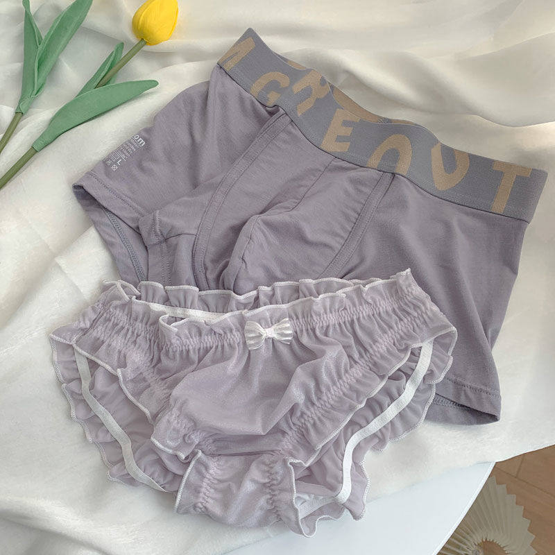 Lovers Briefs Pure Color Mesh Yarn Breathable Mid Waist Sexy one man and one woman No mark pure cotton crotch couple Lace Suit-Taobao