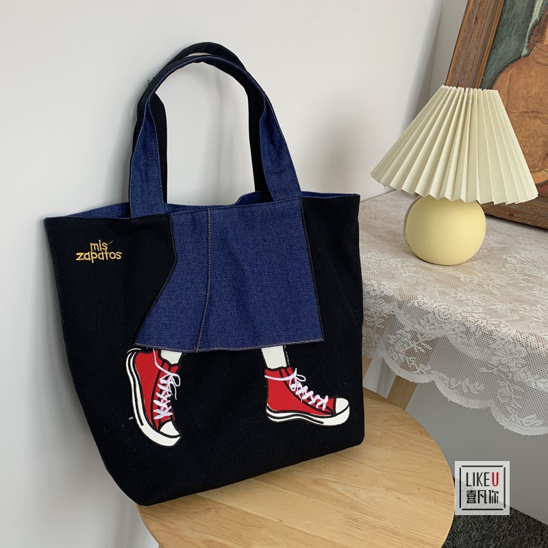 Japanese GPins Korean version of casual denim bag women's fashion shopping all-match portable large-capacity one-shoulder canvas bag