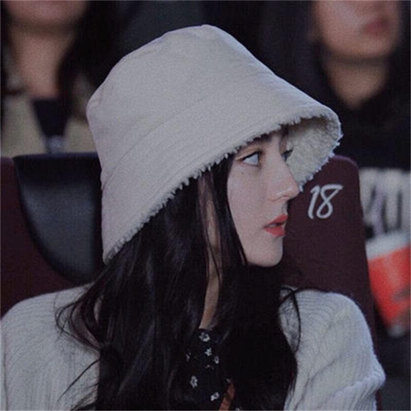 Japan Reba same style fisherman hat women's white lamb velvet double-sided bucket autumn and winter plush warm hat