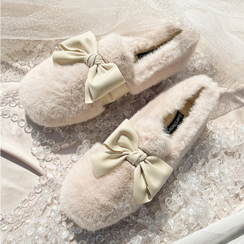 Japan 2021 butterfly knots wool-bean shoes women winter gush rabbit fur flat cotton shoes outwear a foot pedal
