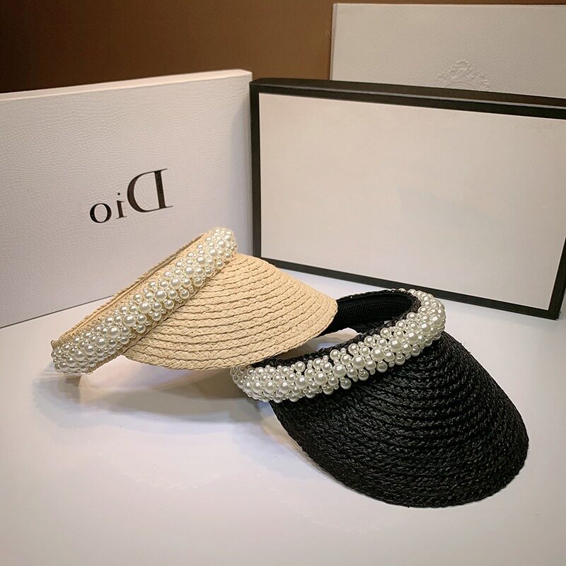 Japanese GP Summer Retro Wide Eatery Sky Top Raffi Straw Hat Women Sunscreen Sunbeds Pearl Sun Beach Cap