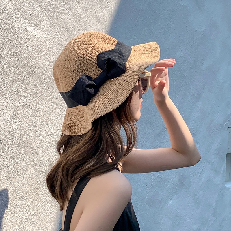 Japanese GP Summer Sun Lisheng Tongan Grass Woven Butterfly Knot Fisherman Hat Women Sunscreen Adjustable Folding Sun Hat