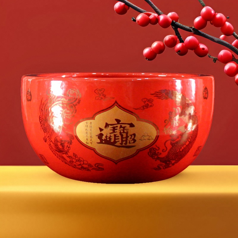 Ceramic Treasure Bowl, Red Wedding Porcelain Bowl, Piggy Bank Ornament, Porcelain Pottery Jar, Wealth-Attracting Flower Pot