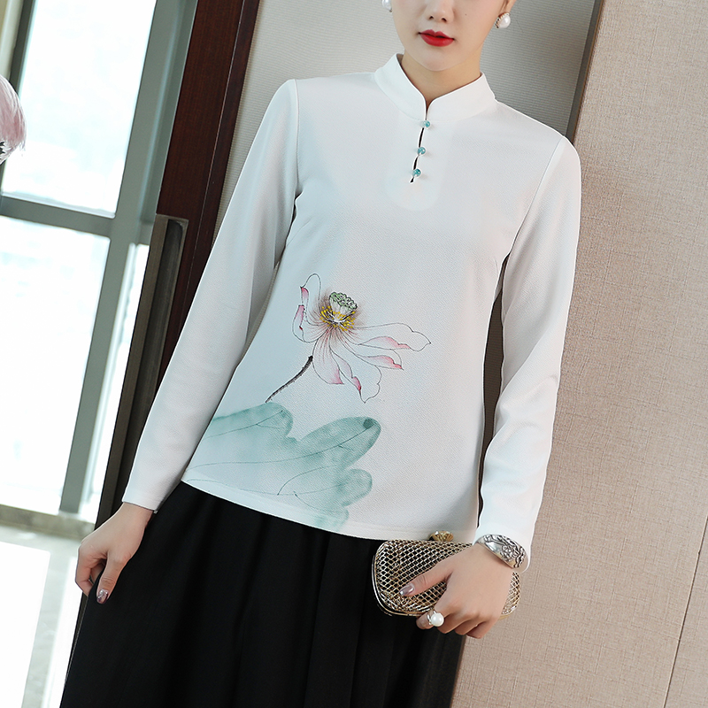 2019 Autumn Clothing New Art Retro China Wind Women's Clothing Inner Lap Clothes Knitted Blouse Hand-painted Zen Suit Tea Suit Women's Autumn