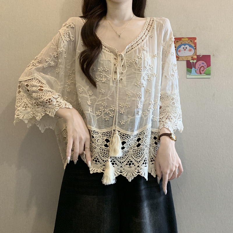Bohemian Style Embroidered Half-Sleeved Lace Shirt for Women 2026 New Summer Plus Size Fat mm Outer Sun Protection Blouse Top