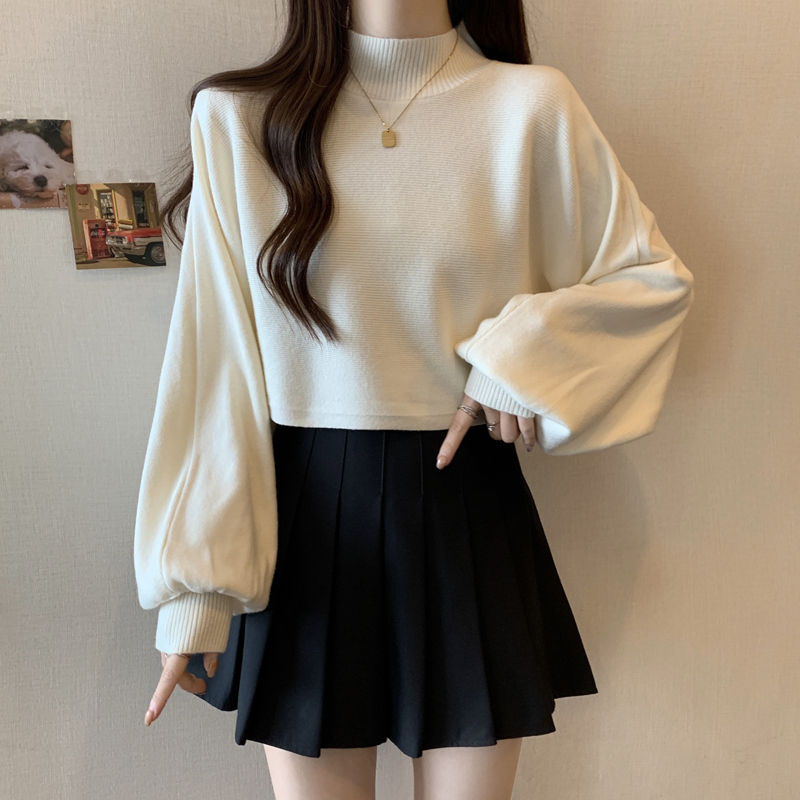 Plus-Size Half-High Collar Textured Batwing Sleeve Sweater Knit Top for Women, Autumn and Winter, for Curvy Women, Slimming, Long-Sleeve Base Shirt