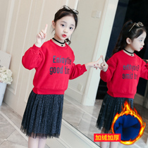 Girls  dresses 2020 new spring and Autumn childrens fake two-piece sweater skirt velvet Western style thickened princess skirt