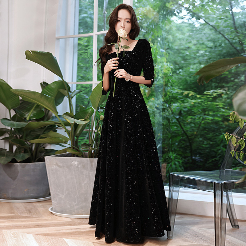 New Starry Sky High-End Plus-Size Evening Dress, Slimming and Tummy-Concealing, Suitable for Chubby Women, Hosting Performances, Banquets, and Extra-Large Sizes 100kg Available