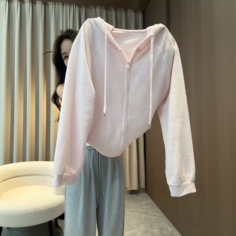 2026 Spring and Summer New Style Gentle and Lazy Style Hooded Zipper Cardigan Women's Short Loose Slimming Casual Sweatshirt Jacket