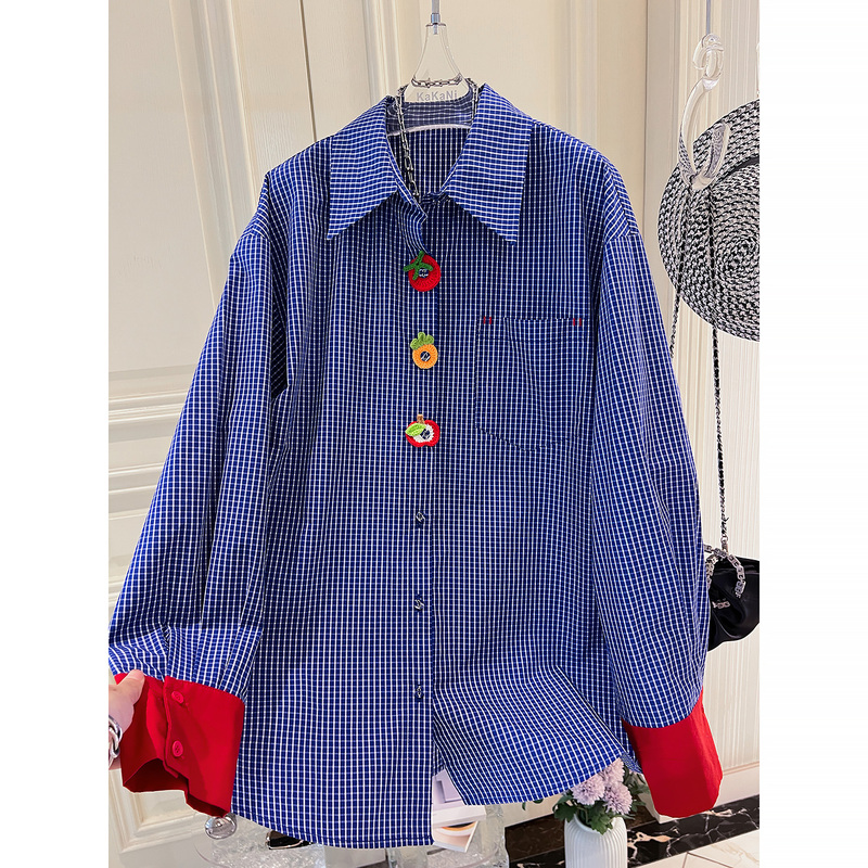 X1 Cuff Splicing Red Fun DIY Fruit Button Mid-Length Plaid Shirt for Women, Spring and Autumn Style Shirt G731