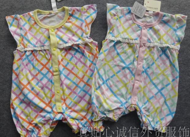 Japanese single baby girl flying sleeve plaid jumpsuit cotton romper romper female baby bag fart 7080 yards