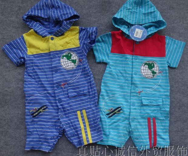 Export European pure cotton boy baby hooded short-sleeved flat-footed romper front snap embroidered romper jumpsuit short