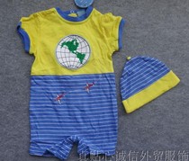 Export European pure cotton mens treasure short-sleeved flat-foot climbing romper with hat two-piece embroidery climbing clothing 6-9M broken code