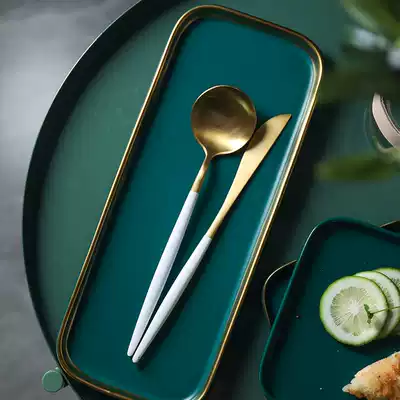 Retro green ceramic dinner plate Square plate Household plate Snack cake tray Phnom Penh western steak plate Dining room