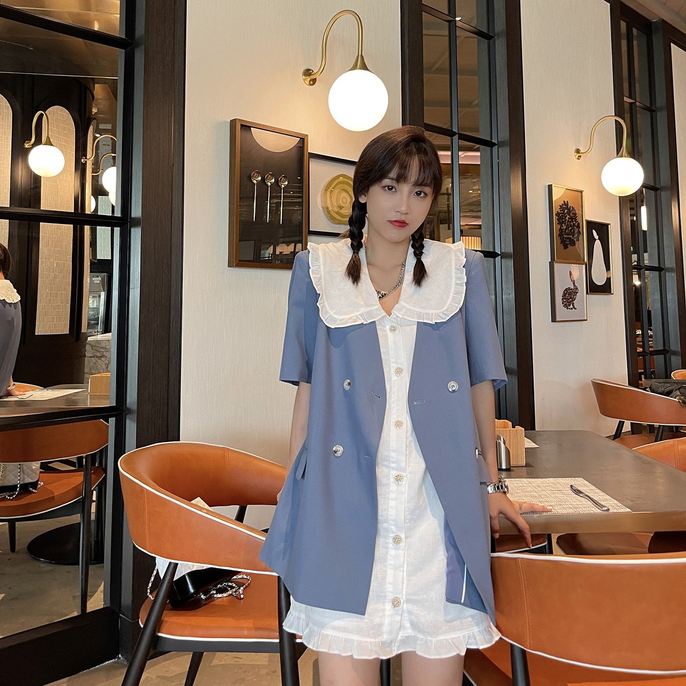 Belonging to the summer fashionable short-sleeved suit thin section loose white shoulder pad blazer women