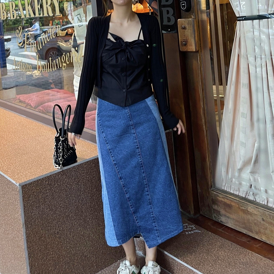 Free splicing colouring American denim half skirt long irregular half-body dress female summer