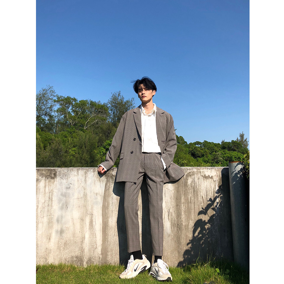 cuibuju 20ss Korean version plaid small suit men's jacket autumn single-breasted loose casual suit suit