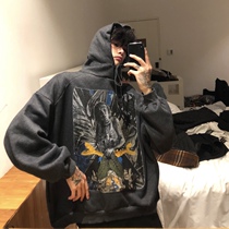 cuibuju 20aw Autumn and winter plus velvet pullover printing sweater male tide Korean version loose hooded jacket lovers