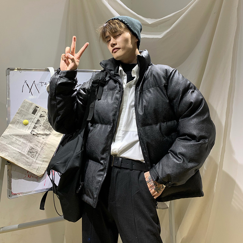 Cui layout winter pu leather cotton clothing men's short jacket thickened bread clothing Korean version loose stand-up collar shop cotton jacket tide