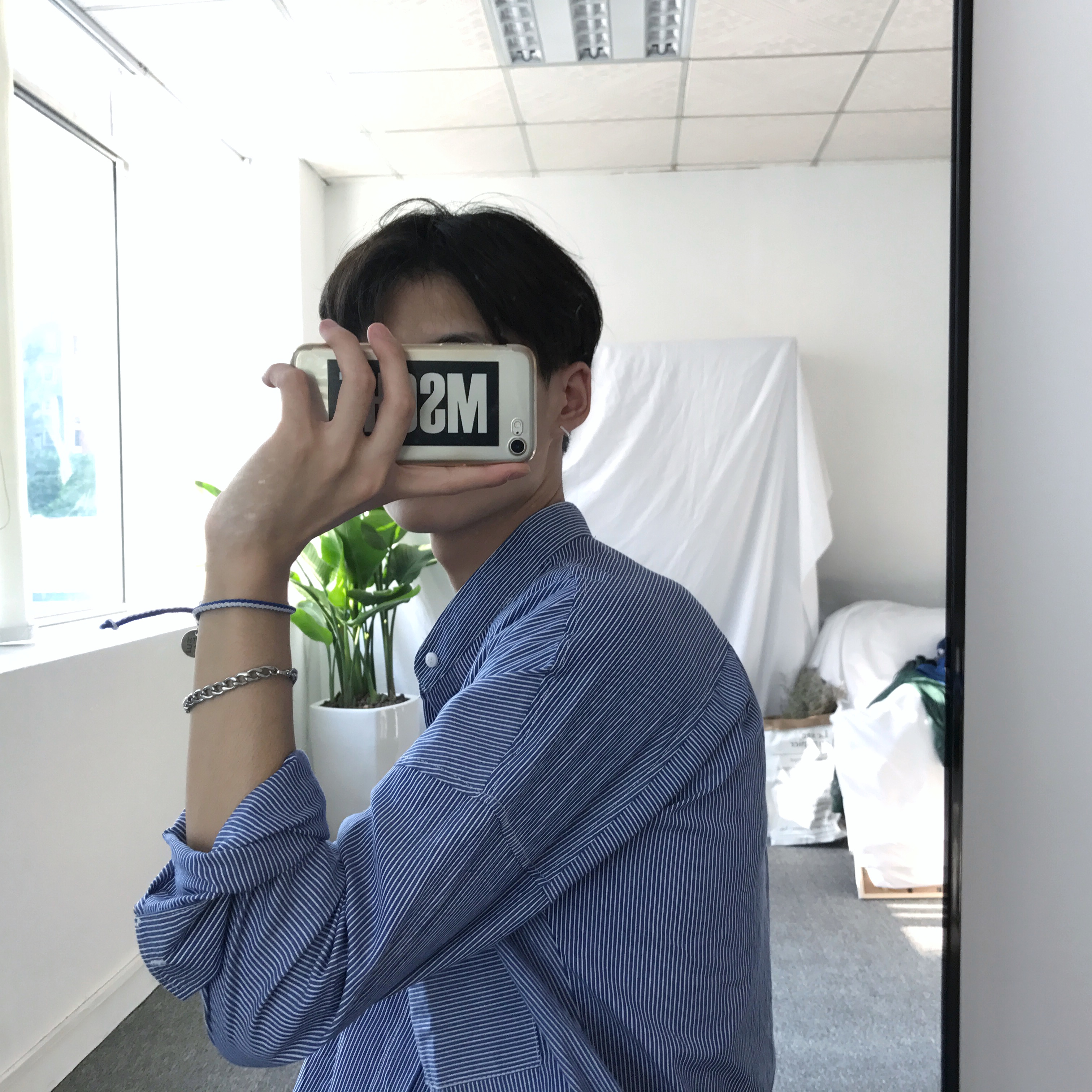 MALEstudios韩版条纹休闲长袖立领衬衫港风青年男宽松衬衣寸衫潮